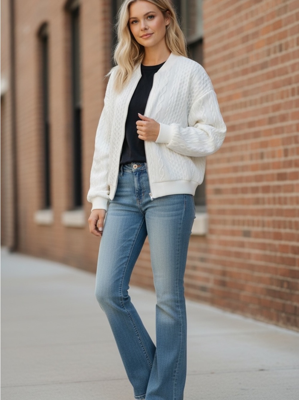SHEIN White Cable Knit Zip Cardigan